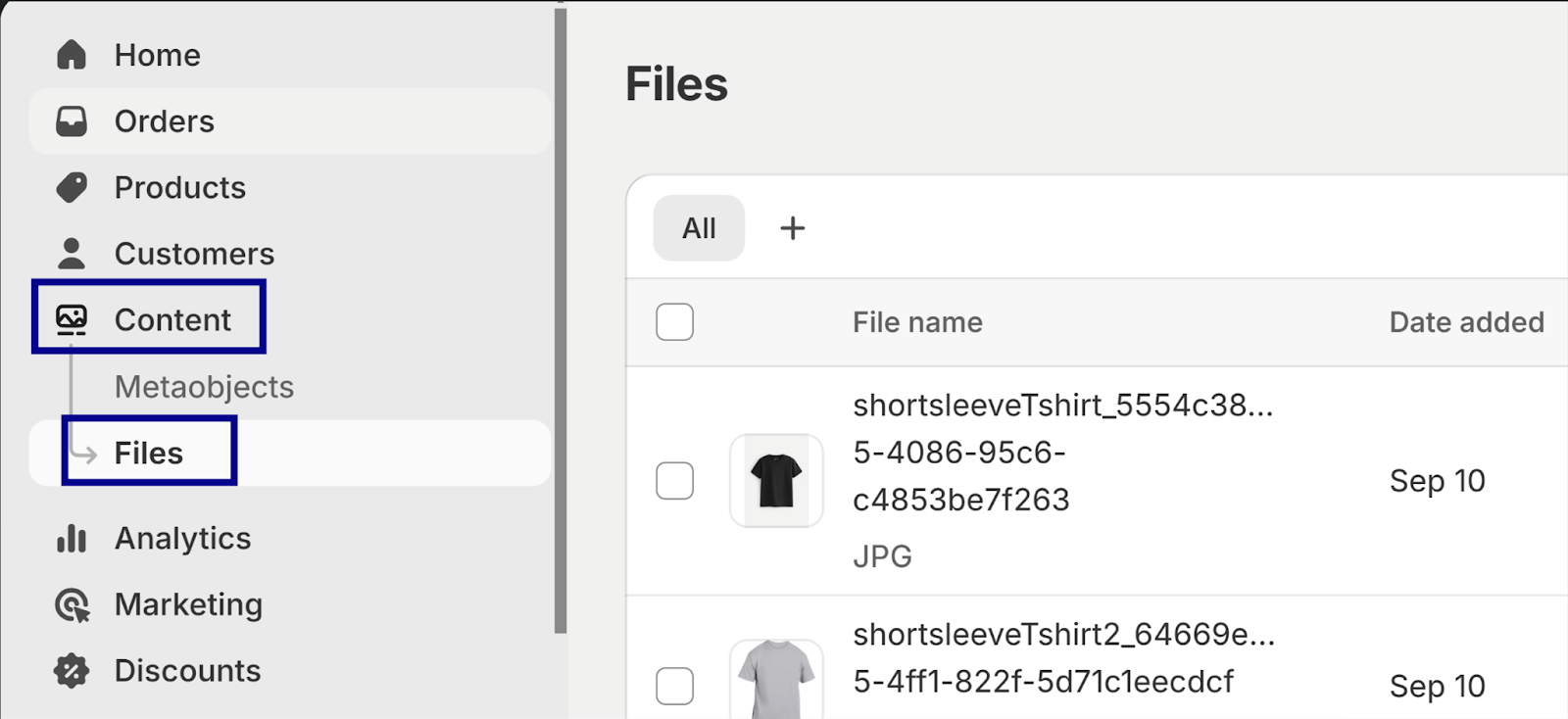 upload a file on files page Shopify